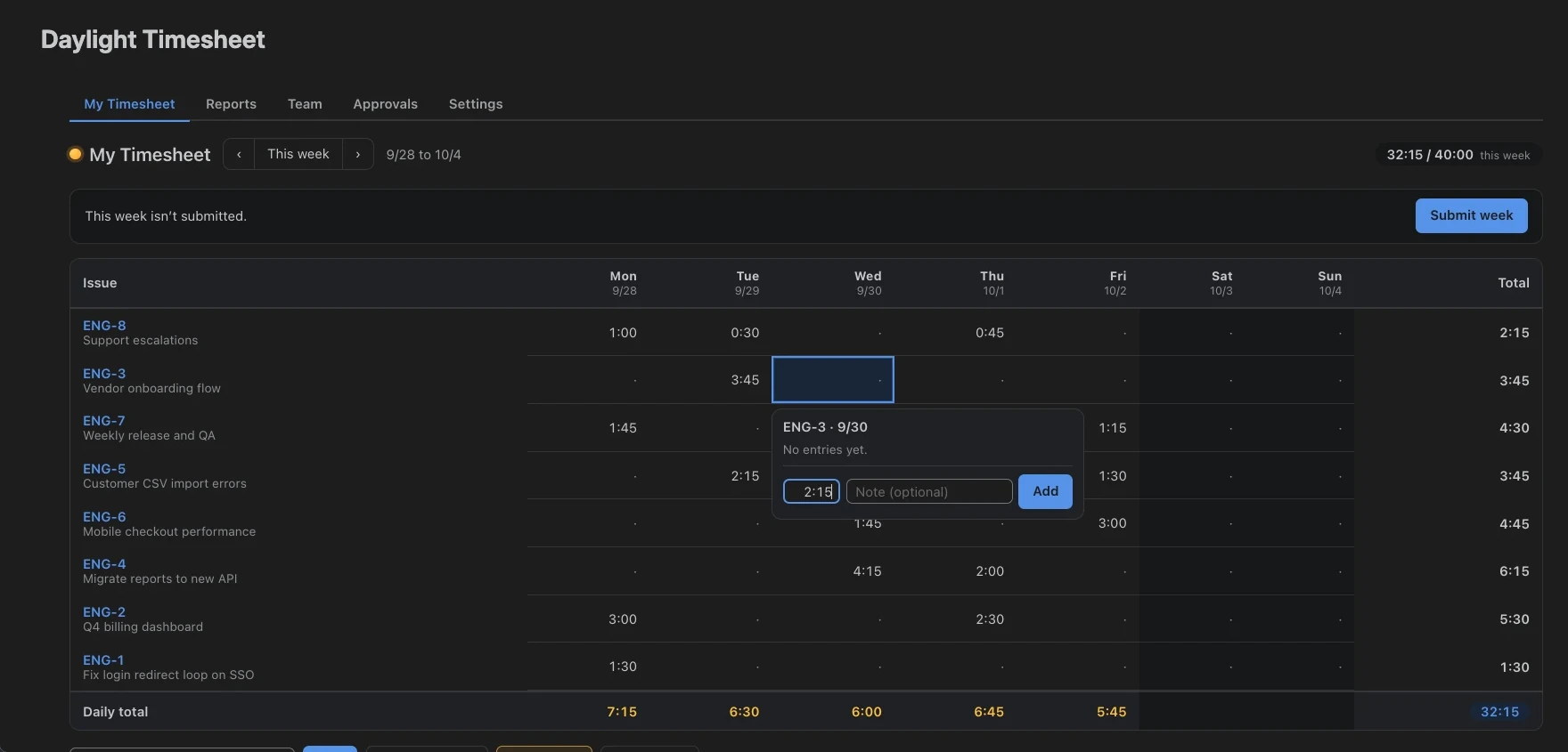 Daylight running in Jira: a weekly timesheet with issue rows, daily totals, inline time entry, and Submit week.